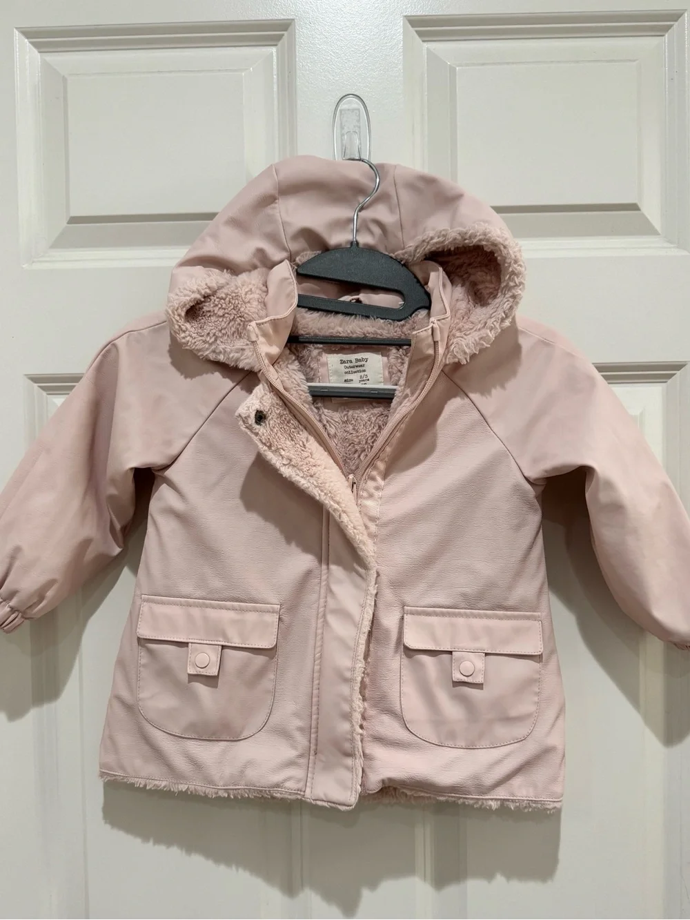 ZARA Baby Girls Light Pink Faux-Sherpa Hooded Coat Jacket w Fur Lining Size 2/3Y